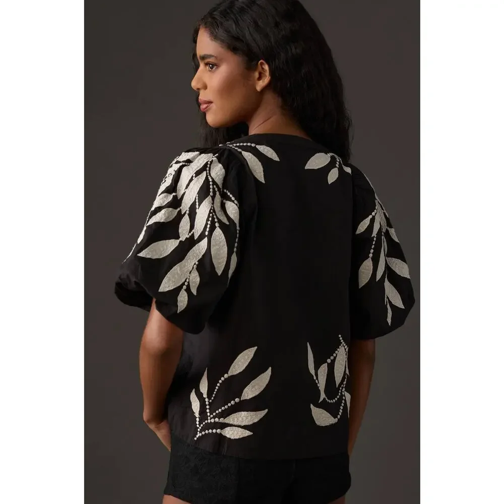Anthropologie Embroidered V-Neck Puff Sleeve Blouse Size L